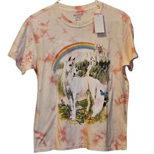 Mighty Fine Womens Size S/M Pink Tie Dye Graphic T Shirt Unicorn Rainbow Castle